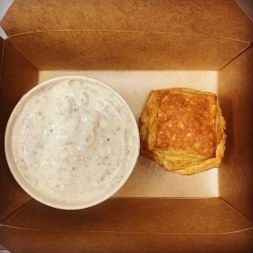 Buttermilk biscuit and bacon gravy